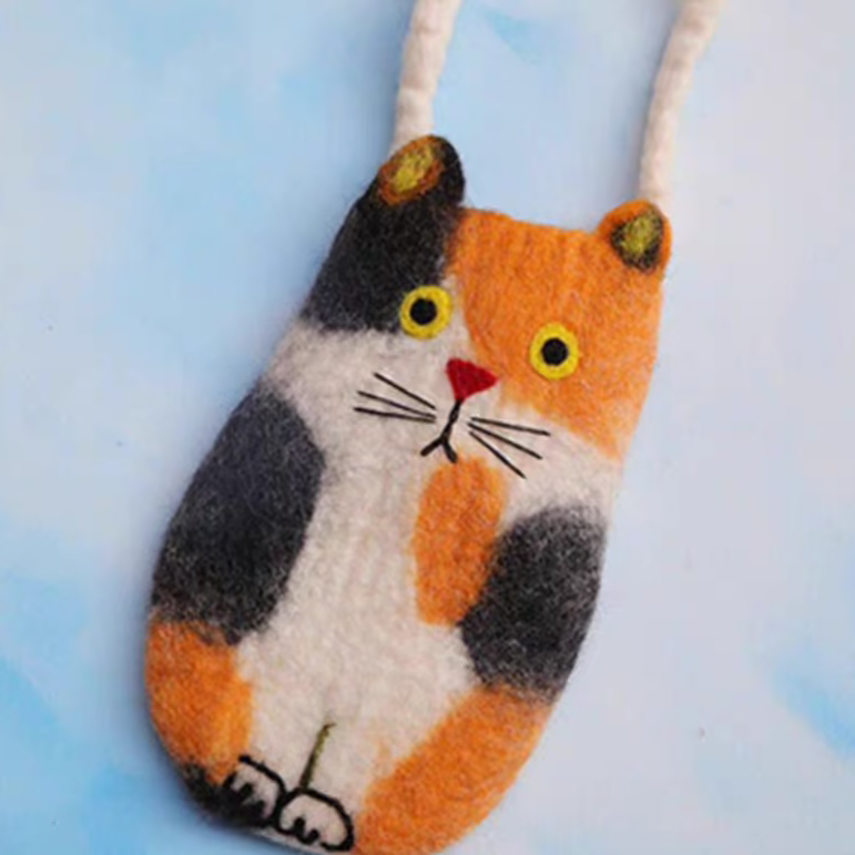 Wool Felt Cute Cat Crossbody Mobile Phone Bag