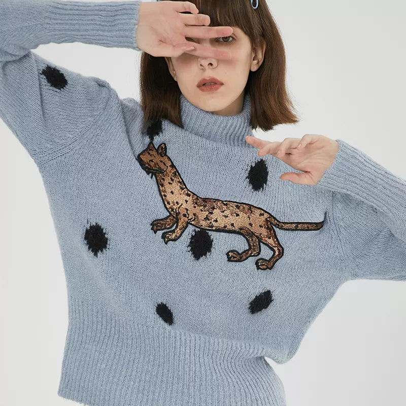 blue leopard cat polka dot turtleneck sweater