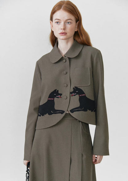 dog pattern olive green lapel short coat 