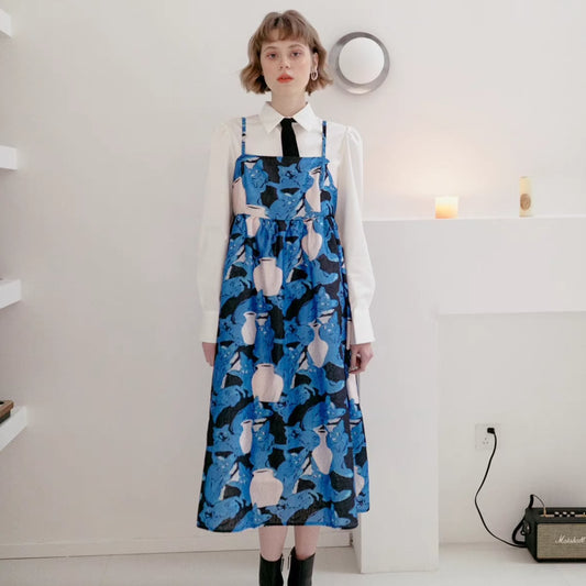 blue cat and vase print suspender dress