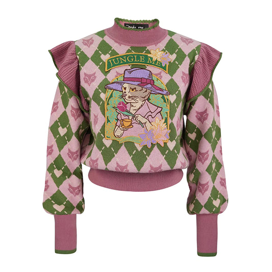 cat afternoon tea embroidered ruffled top