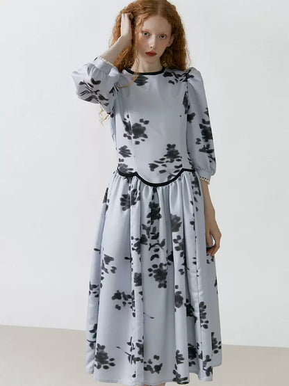 light blue ink floral three-quarter sleeves low waist stitching dress 