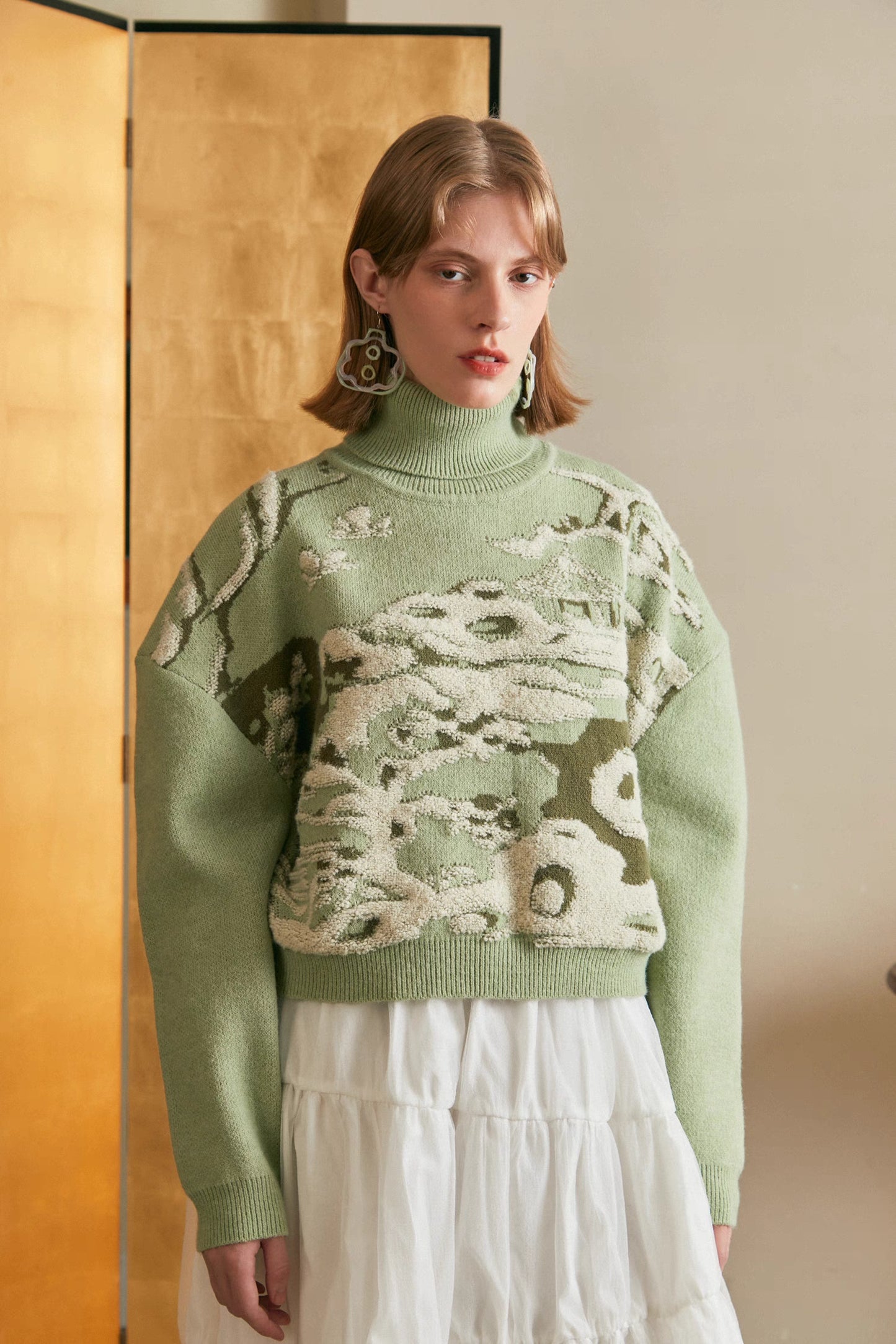 high collar light green garden fleece soft waxy sweater
