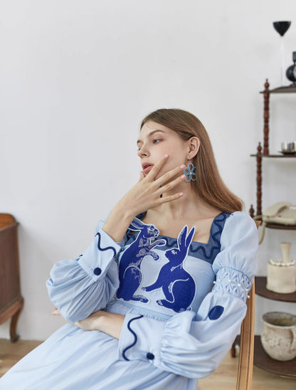 blue and white rabbit embroidery polka dot square collar dress