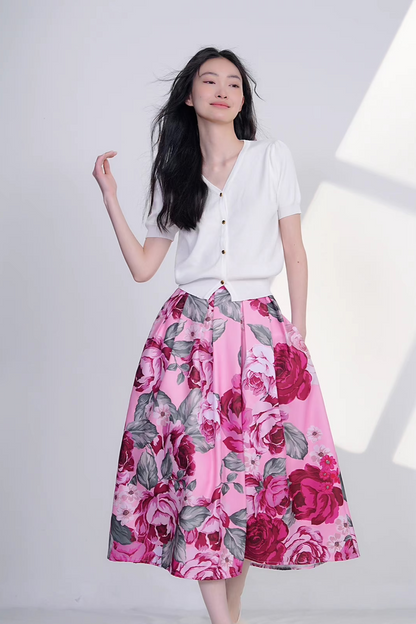 French elegant printed high-waisted skirt