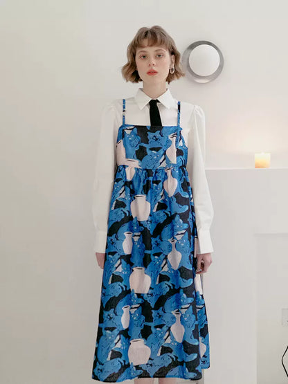 blue cat and vase print suspender dress 