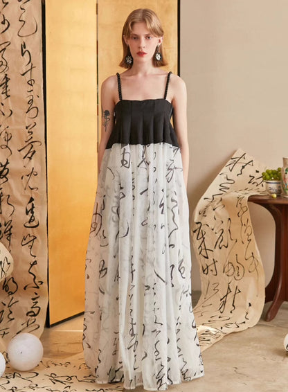 Peony Pavilion calligraphy print beaded suspender dress 