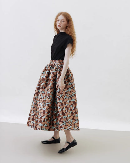 brown and green jacquard long large skirt