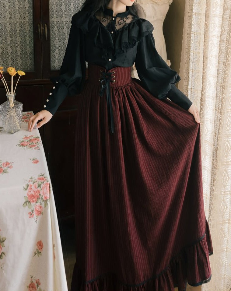 Sheer lace black blouse & corset long skirt setup