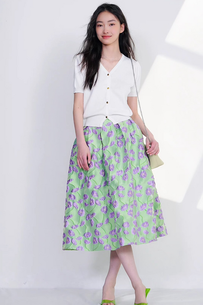 simple embroidered high-waisted design fluffy skirt