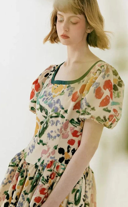 Yellow and Green Floral Puff Sleeve Dress