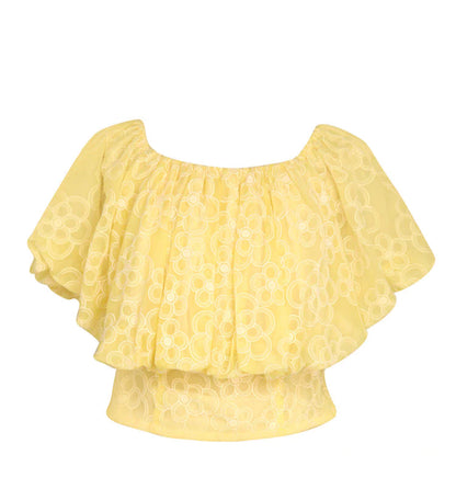 yellow short mesh floral embroidered shirt 