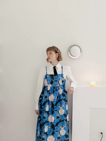 blue cat and vase print suspender dress 