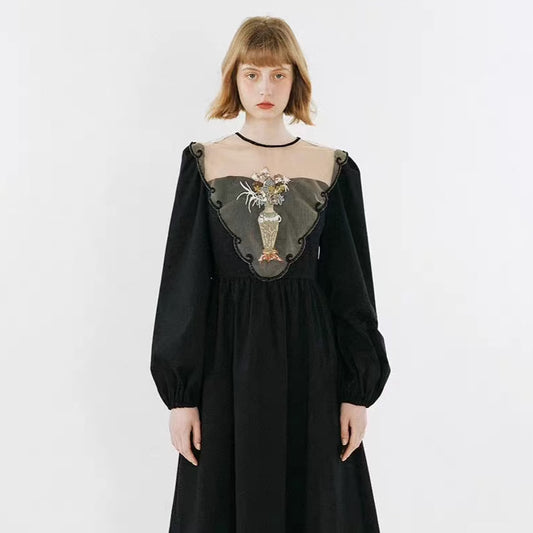 mesh hollow vase embroidery long sleeve dress