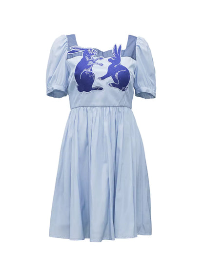 blue and white rabbit embroidered square-neck short-sleeved dress 