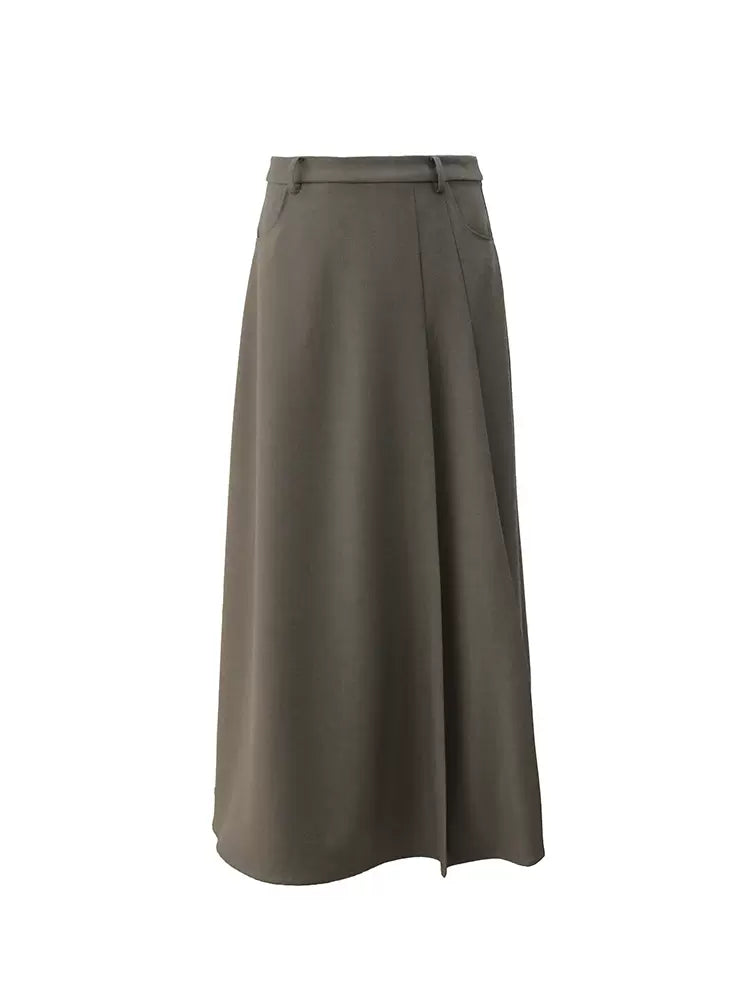olive green solid color retro A-line long skirt