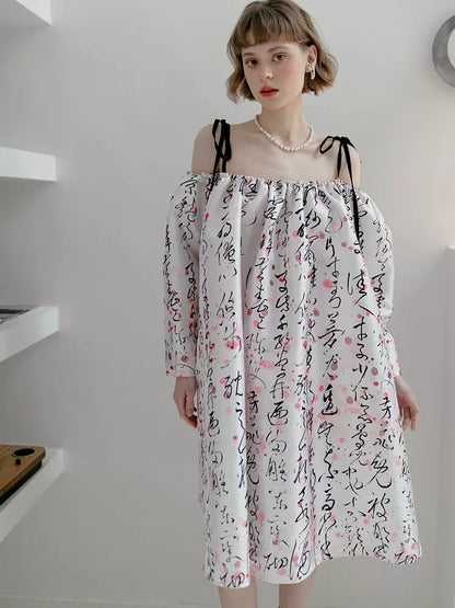 pink blooming calligraphy print one-shoulder dress