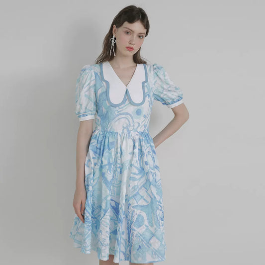 blue and white watercolor print butterfly collar dress 