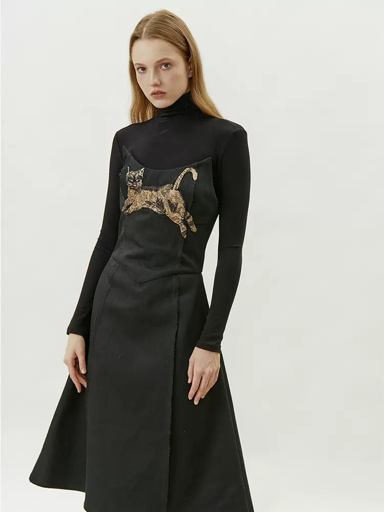 new style cat embroidered black denim dress
