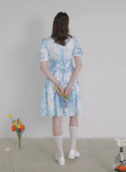 blue and white watercolor print butterfly collar dress 