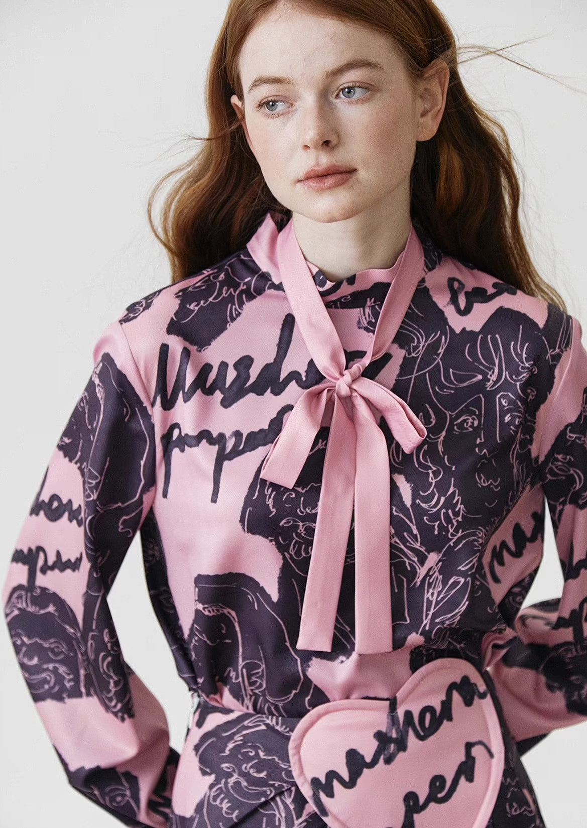 pink and ink portrait print bow shirt 