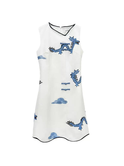 buckle blue dragon cloud print diagonal collar dress