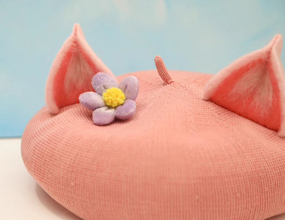 wool felt cute pink fox ears beret