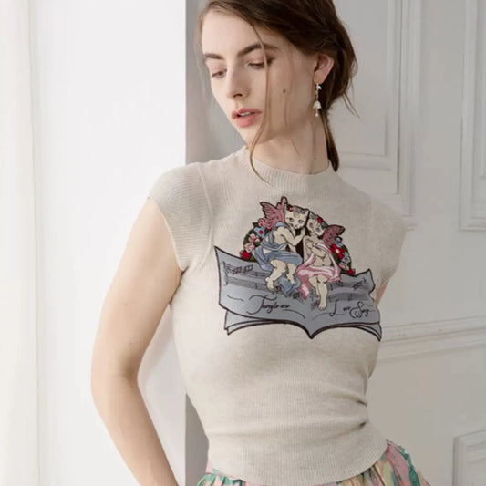 oatmeal color knitted pullover embroidered cat sweater