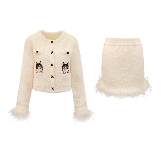 Two-piece Set Cat French Feather Decorated Hip Skirt