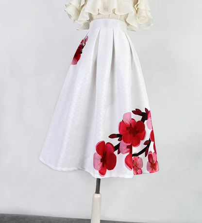 red plum blossom mid-length A-line skirt 