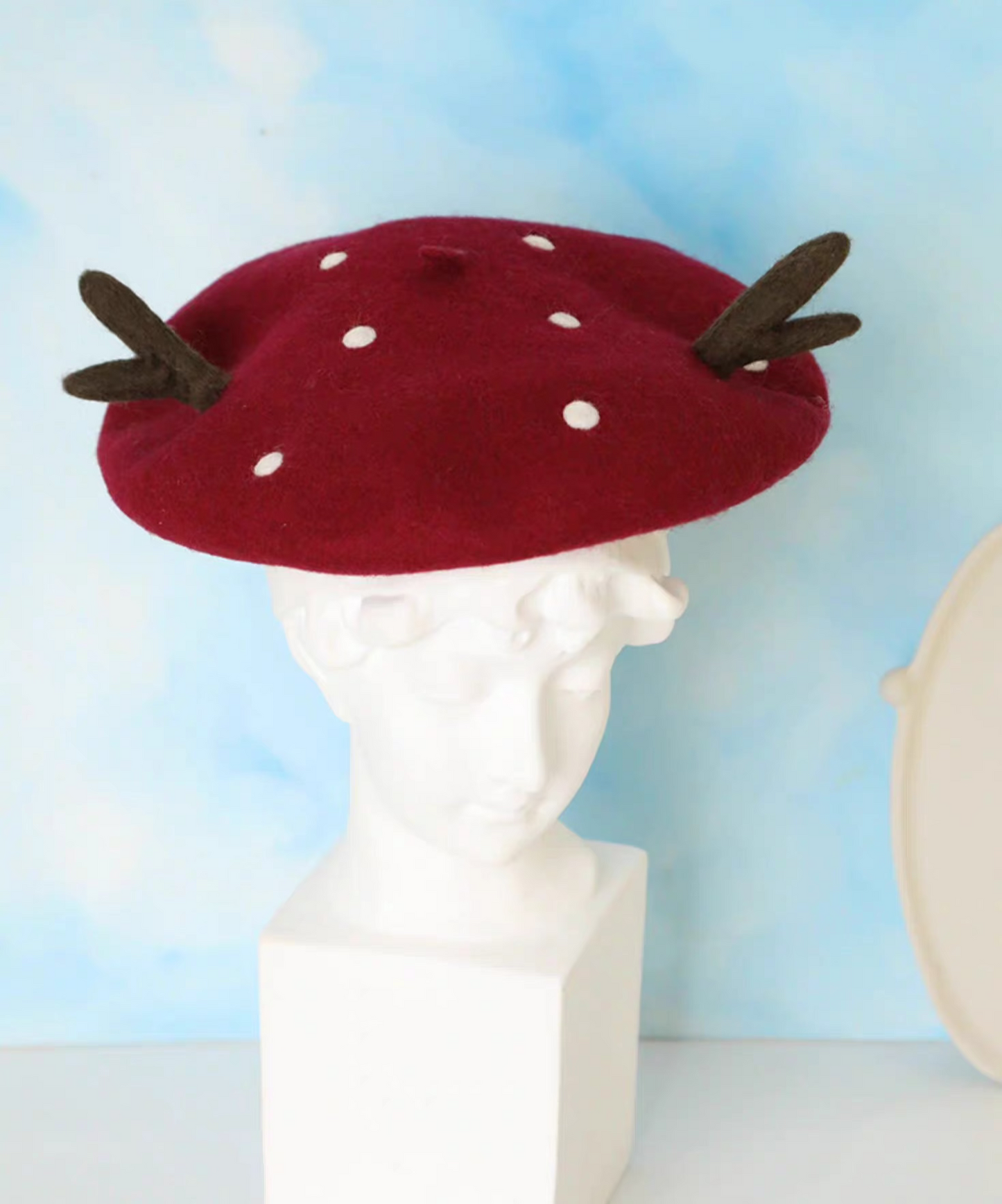 wool polka dot Christmas deer antler beret