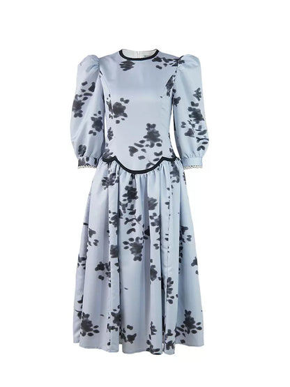 light blue ink floral three-quarter sleeves low waist stitching dress 