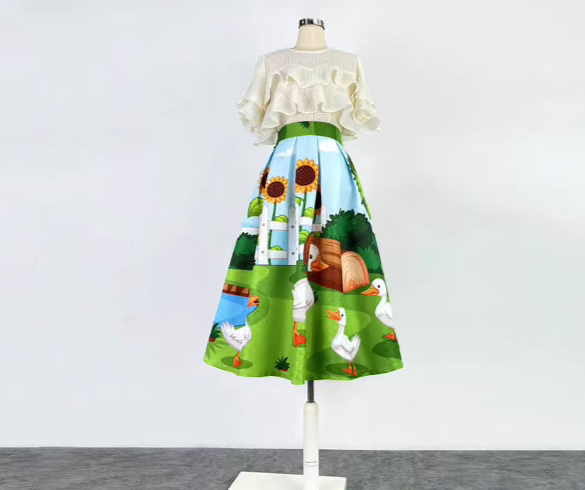 French style duck printed high-waisted skirt