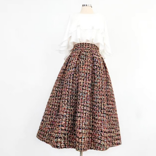 tweed embroidered slimming A-line high-waisted skirt