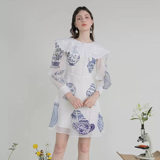 blue and white porcelain embroidered large lapel long-sleeved dress 