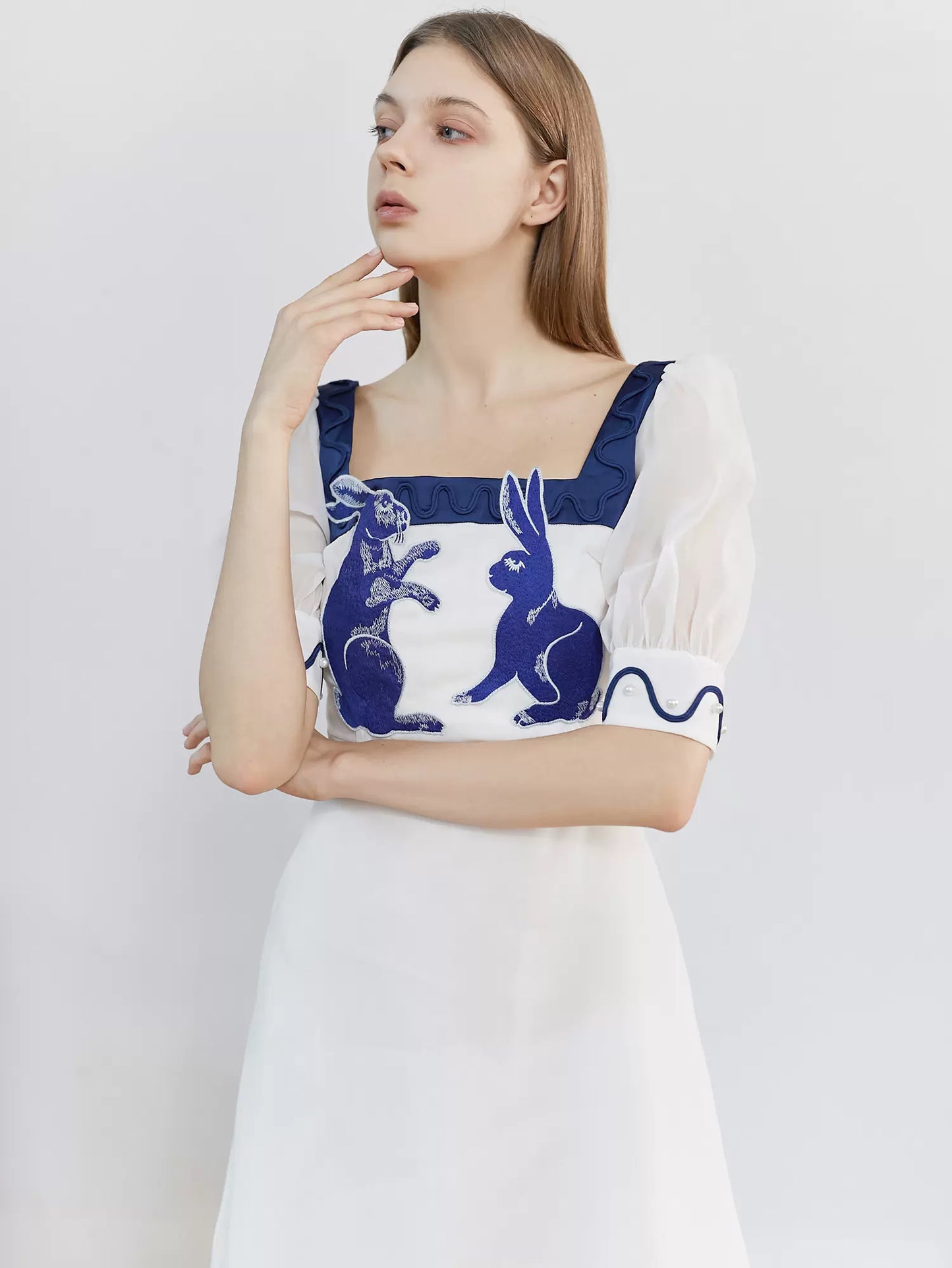 blue and white rabbit embroidered pearl retro square neck dress