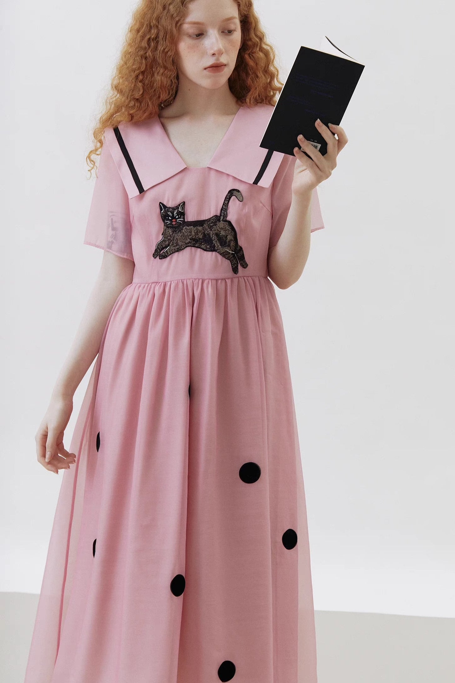 original cat polka dot preppy lapel dress
