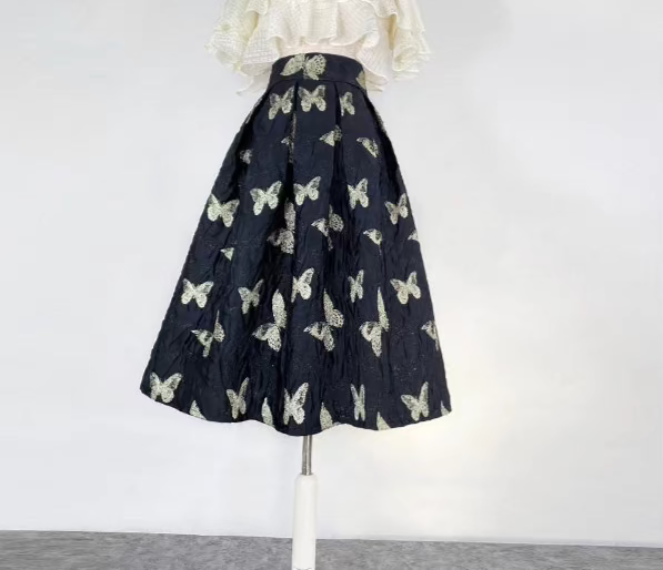 Butterfly retro embroidered high-waisted A-line fluffy skirt