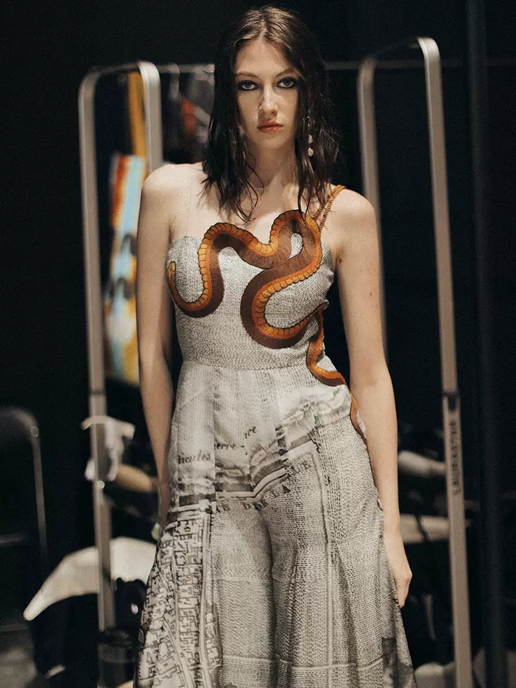 silver gray printed snake embroidered jumpsuit remulia silver gray printed snake embroidered jumpsuit remulia