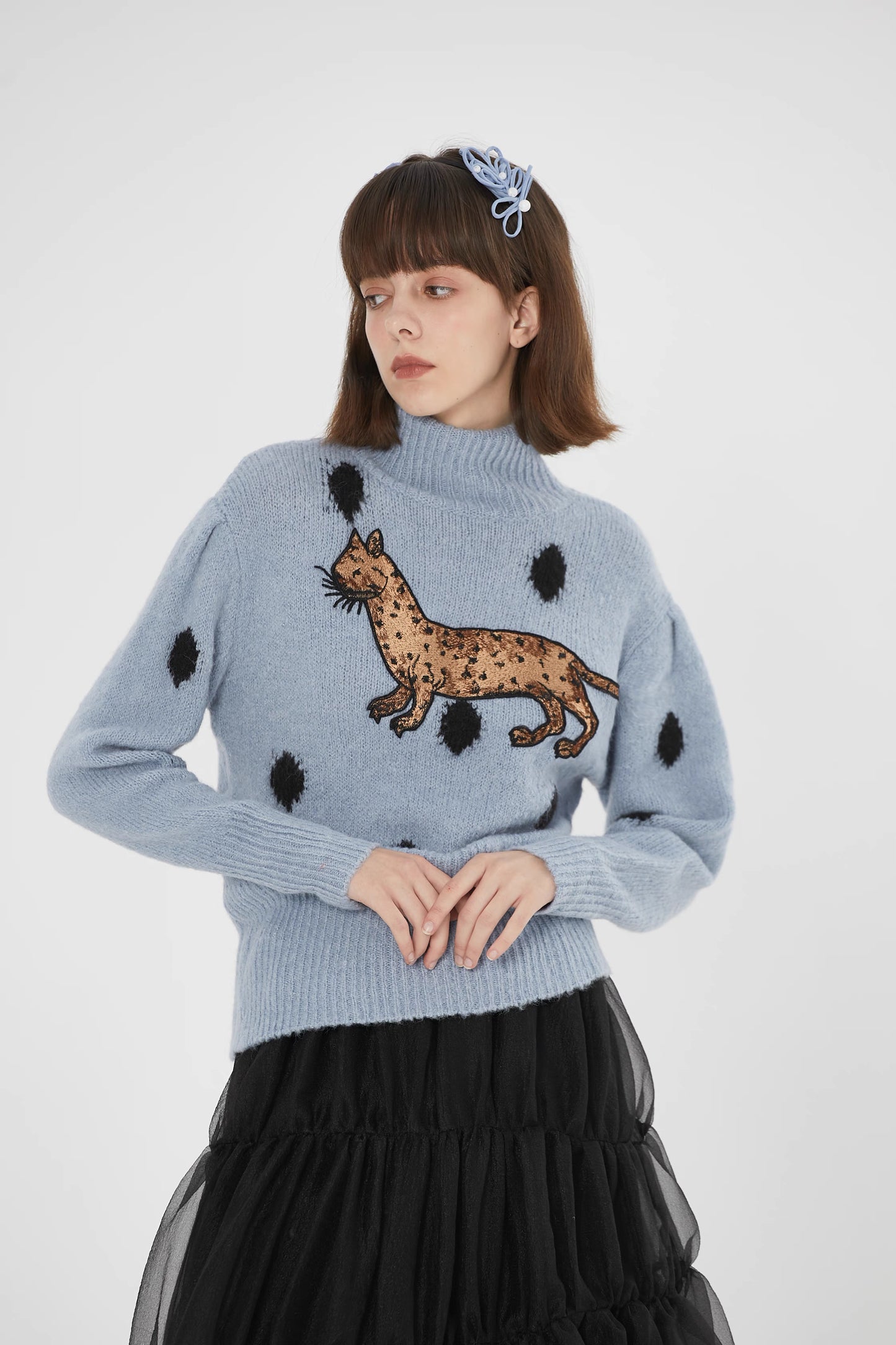 blue leopard cat polka dot turtleneck sweater