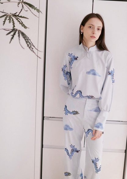 national style blue dragon cloud printed pants 