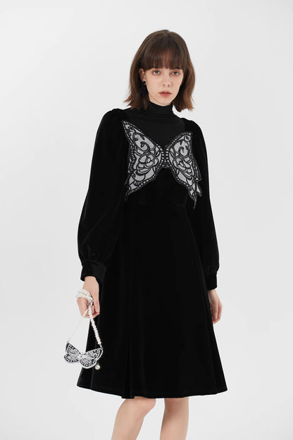 Square Neck Black Butterfly Velvet Long Sleeve Dress 
