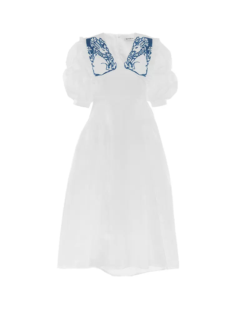 summer new rabbit princess sleeve white dress