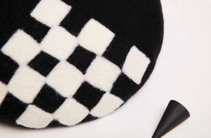 Checkerboard black and white square beret