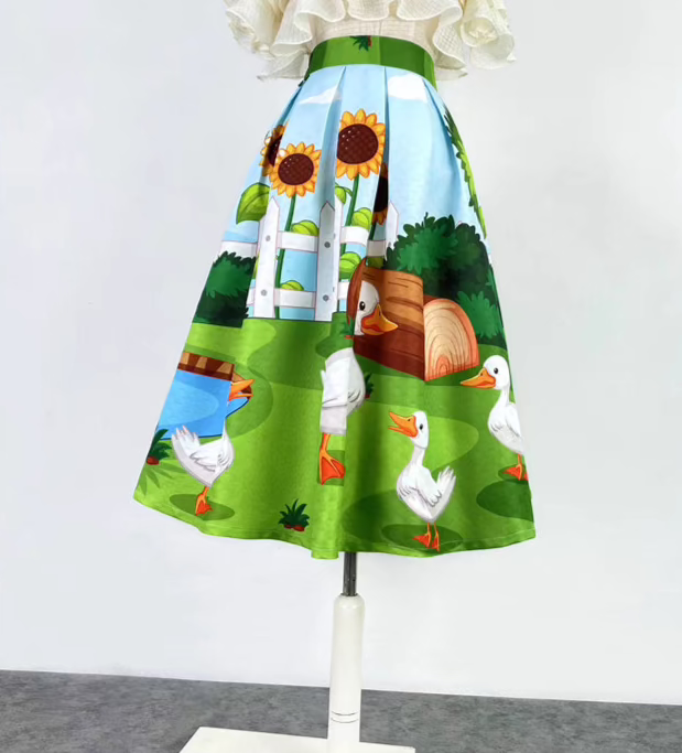 French style duck printed high-waisted skirt