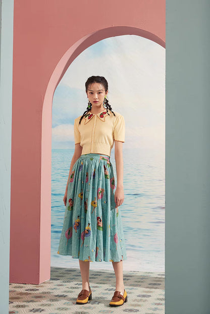 retro beauty printed elastic waist pleated skirt