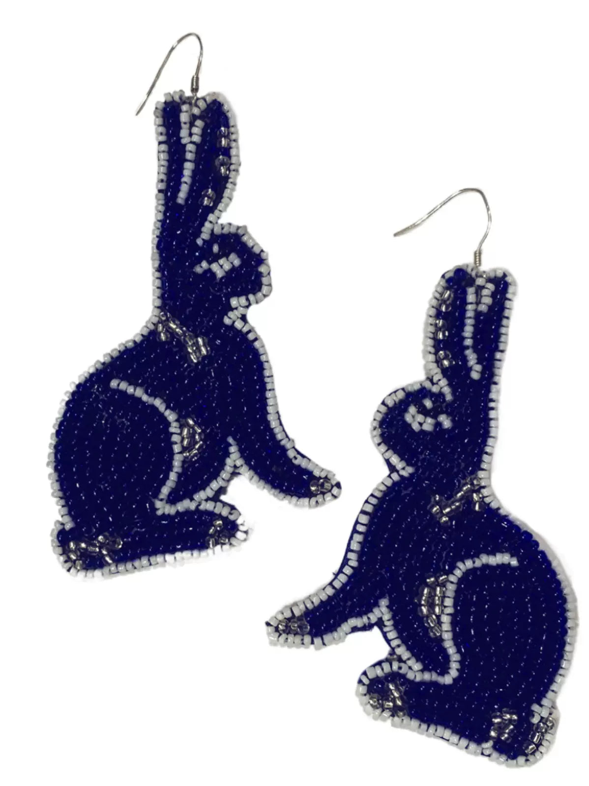 blue handmade bead embroidered rabbit earrings