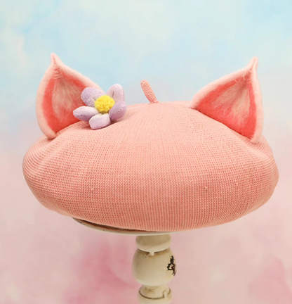 wool felt cute pink fox ears beret