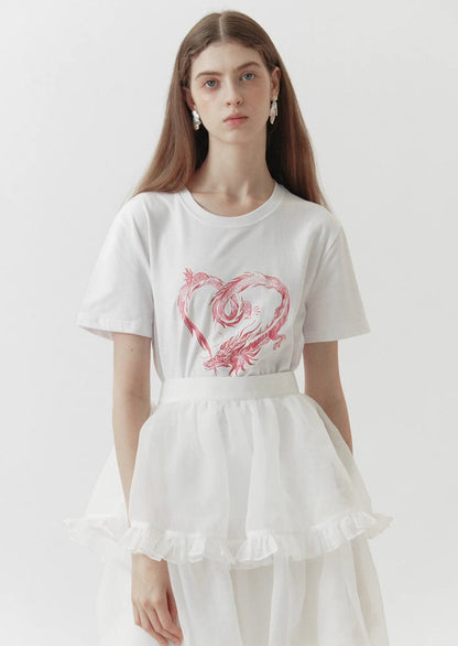 dragon sticker white round neck short-sleeved T-shirt