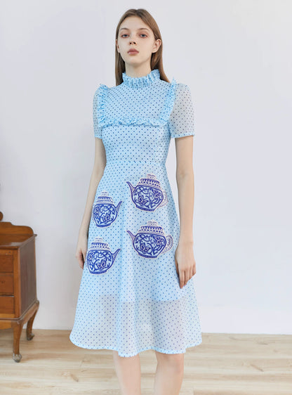 blue polka dot fungus hand-painted porcelain dress 